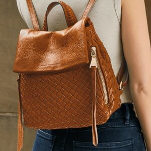 New AIMEE KESTENBERG Bali Woven Backpack in Chestnut Brown Leather